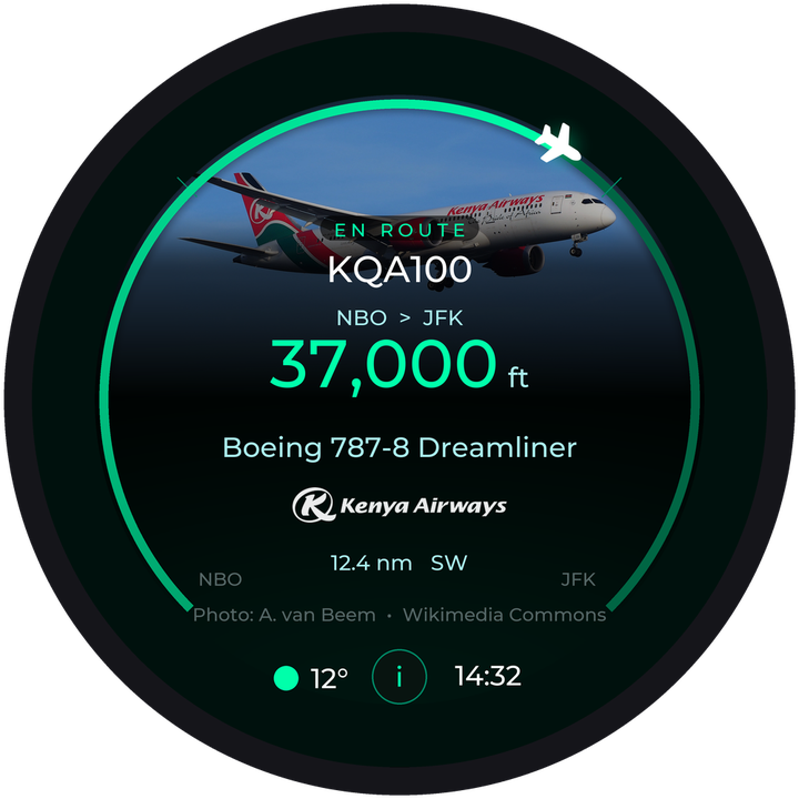 Focus mode: a Kenya Airways Boeing 787 at 37,000 feet, flying Nairobi to New York, 12.4 nautical miles away.