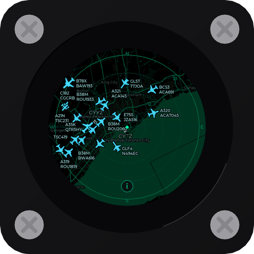 Flyover's round screen showing a map of Toronto with planes drawn over it, each labelled with its type and flight number.