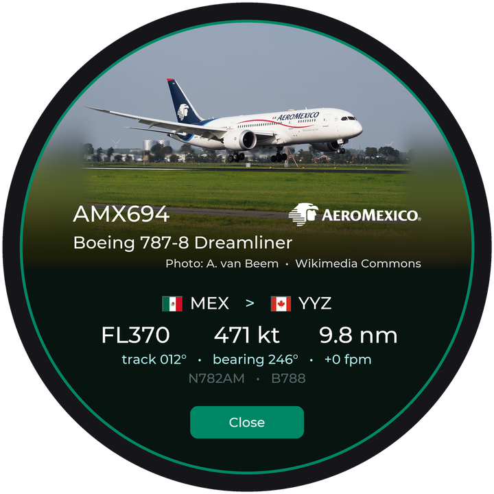 The details of a tapped plane: a photo of an Aeromexico Boeing 787, the flight number AMX694, Mexico City to Toronto, 37,000 feet, 471 knots, 9.8 nautical miles away, and a Close button.