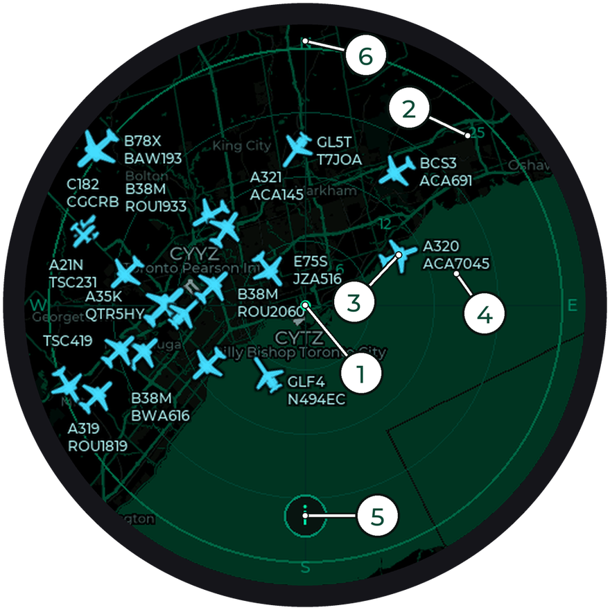 The radar with six numbered markers: your home in the middle, a distance number on a ring, a plane, the plane's label, the settings button at the bottom, and N for north at the top.