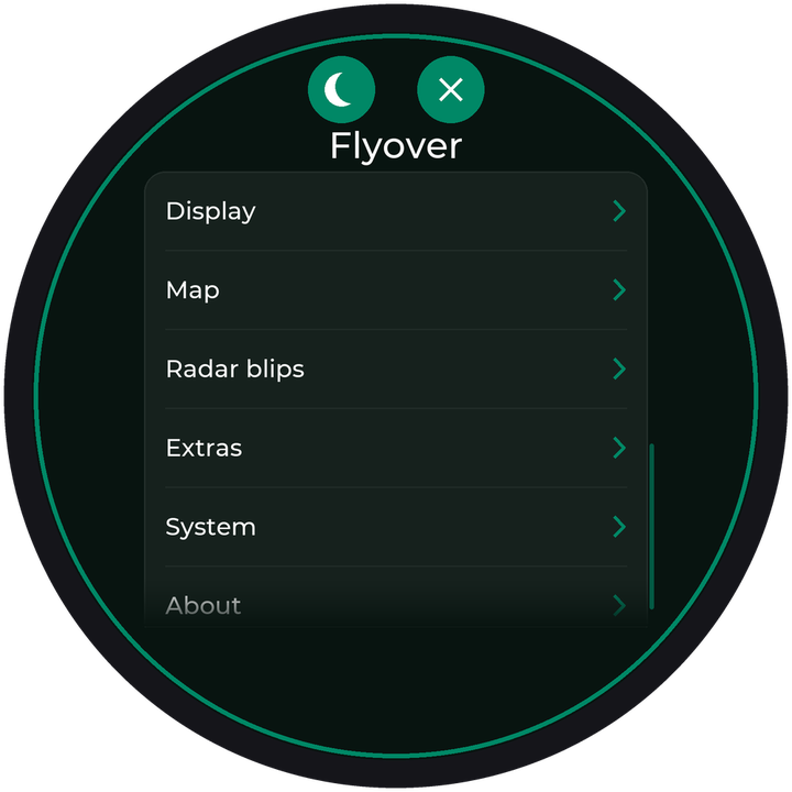 Further down the settings: Display, Map, Radar blips, Extras, System and About.