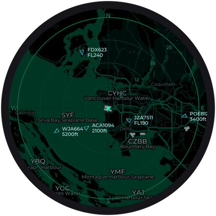 The Scope map style: dark, with roads and water in the radar's green.