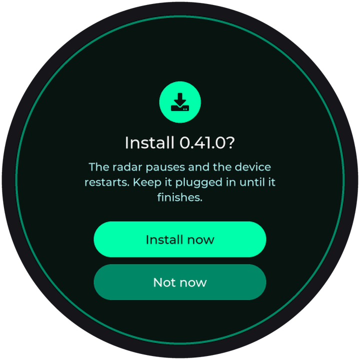 A question on the screen, Install 0.41.0?, with two buttons: Install now and Not now.