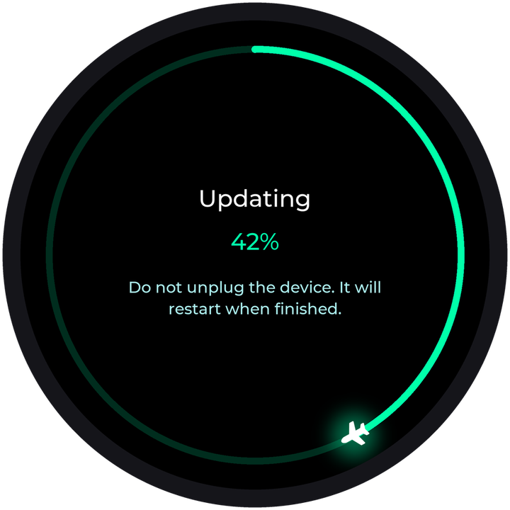 Installing an update: the word Updating, 42 percent, and a ring around the edge with a little plane at its end.