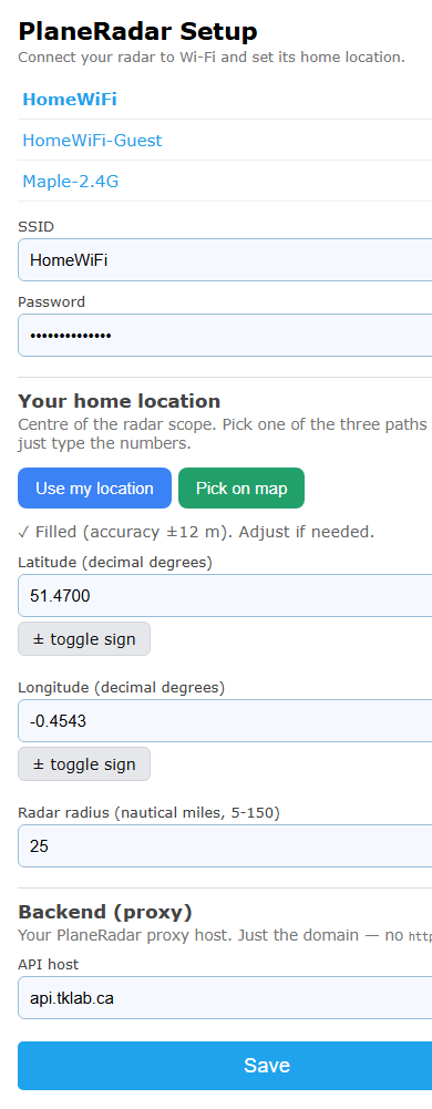 The Flyover setup page with example Wi-Fi and location values